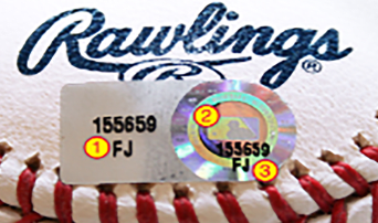 MLB authentication hologram used from 2006, showing serial number 155659 above the letters FJ, with the batter logo and authentication text