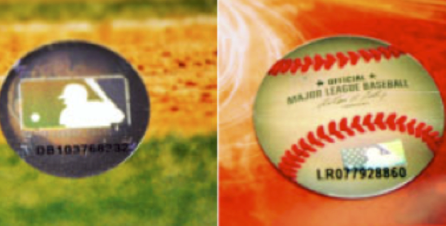 MLB Properties licensing holograms, including a DB-prefixed number, which do not appear in the authentication database